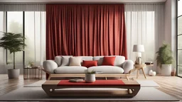 Modern interior design with wooden bench and red curtain, lamp and coffee table with white decor, 3d rendering