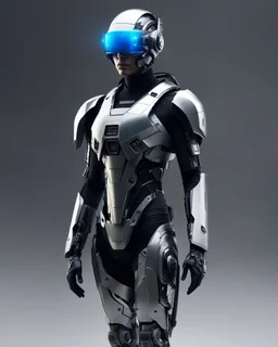 Full body soldier with Face of Hi tech futuristic soldier cyborg with enhanced vision, wearing sleek, metallic headgear reminiscent of Google's Project Glass.