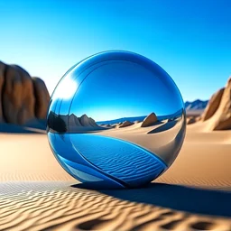reloj dentro de esfera de vidrios flotando sobre desierto futurista azul