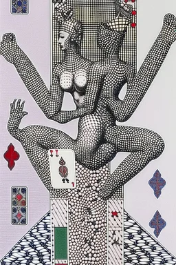 combinatie Miro si Cocteau, Reprezentare grafica minimal art a unei compozitii de arta reprezentand foarte detaliat carti de joc de poker avand drept motiv o statuie 3D din sarma , formalizata dupa modelul mixat a lui Dali cu Picasso în stilul combinat acuarelei moale a lui Joan Miro si cu filigran lineart minimal a lui Jean Cocteau cu Paleta de culori impresionista cu culori putine si tari. Fond alb si linii color subtiri si paralele cu umbre de hasuri incrucisat