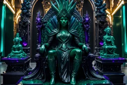 Highly detailed shot of a dark living statue made of emerald obsidian, amethyst obsidian and space material. Sitting position on a throne, an eerie scene, surrounded by mysterious relics that harmonize with the main figure, a stunning sculpture of a unique creature, Radiant eyes ..A dazzlingly enchanting neon jungle, alive with iridescence and allure, its vibrant colors evoking a sense of otherworldly beauty. by alex1shved The main subject is a lush, dense forest filled with neon-hued flora and