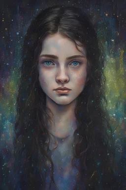 hyperdetailed oil on canvas, beautiful teen with Waardenburg Syndrome; striking wide-set blue eyes, perfect, precisely detailed face, dark, multi-hued hair with a bold white streak in the front; blue, green, purple, luminous colorful sparkles, by James R. Eads, Gawki, rajewel, Tania Rivilis, Dan Mumford, glitter, airbrush, Octane Render, elegant, volumetric lighting, 16k