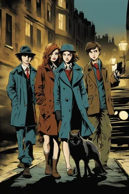 Design a detective book cover for teenagers. Three teenage detectives and black cat in the centre, one boy on her left, the girl in the centre and one on her right are on the town street. Banksy style, modern comic book style, mysterious atmosphere,