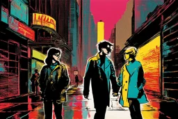 classic painting of a cyberpunk colourful walkway with two people making an exchange in the city with pollution by andy warhol