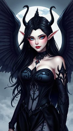 A beautiful elven goddess of the night, Goddess of death, Raven sigils, Lady of ravens, raven wings, alluring precen, D&D, D cup, RPG character, exotic black hair, snow pale skin , perfect eyes, perfect face, perfect smile,curvaceous, hourglass body, stunning beautiful artwork, 8k, makeup, lipstick, detailed eyes, perfect pupil, beautiful face, full body, anime by hiro mashima style, 8k, POV looking at viewer, Halloween themed