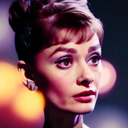 Audrey Hepburn has glow effect. She has beautiful eyes, Her hair flies in the air. with yellow flowers for hair, closed eyes, rtx, reflection, 8k, glow, winning photography, caustics