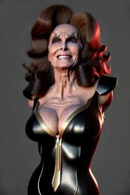 Raquel Welch as evil queen in black leather gown, angry, busty, curvey, cleavage, unreal 5, octane render, cinema4d, dynamic lighting, dramatic lighting, 4k, redshift render, highly detailed, hyper realistic