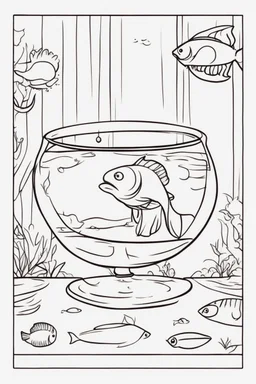 blank colouring book, white blank background, simple picture for toddlers, fish in a glass bowl, disney and pixar style