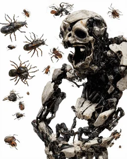 horror, swarming mechanical robotic insects, bugs, cockroaches, flies, spiders, ticks, parasites screaming person, pain, decay