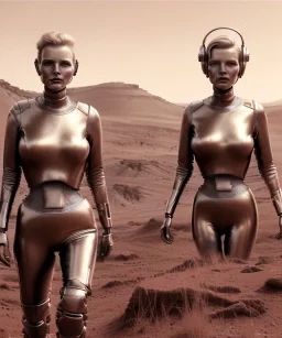 Ultra Realistic retro sci-fi movie scene, 1960 year, waist up view portrait, 3 clones blonde women, sweet young Kate moss face, perfect iris, glow eyes, face makeup. Mars and martians background, Retro sci-fi style, helmet, tight latex coat, fog, rain, soft color, highly detailed, unreal engine 5, ray tracing, RTX, lumen lighting, ultra detail, volumetric lighting, 3d, finely drawn, high definition, high resolution.