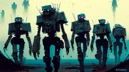 SiniArmy of the undead marching, post apocalyptic fashion, ((holographic grunge cyborg robot army)) melancholy robot mechs, RAW, gritty, high exposure, high contrast, digital & analog HUD, Spacepunk, indie horror, (((science fiction painting, Simon stålenhag, Denis Sarazhin, Alex Colville, Romain Trystram, Christopher Shy, Alejandro Burdisio, Rene Magritte, Tye Martinez, ominous sky))), alternate reality art, obscured lights, RAW, GRITTY, ambiguity, retrospective art, dusk, low light, techno got