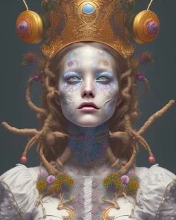 head and shoulders portrait of Mary, face paint, jester hat, sad expression, Takato Yamamoto artist, Akiya Kageichi artist, Jedediah Berry inspired, 8k resolution concept art portrait, dynamic lighting, hyperdetailed, intricately detailed, maximalist, beautiful, peaceful