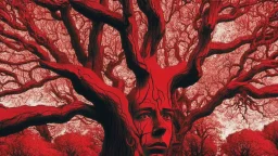 red tree, highly detailed, beautiful desktop wallpaper, comic style, many human faces on tree