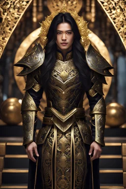 Realistic photography,front_view, (1King, looking at viewer), black long hair,traditional dress ornaments mechanical_armor, intricate armor, delicate golden filigree, intricate filigree, black metalic parts, detailed part, dynamic pose, abstrac background, dynamic lighting