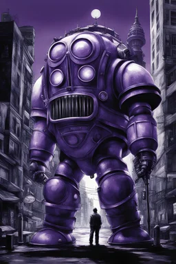 masterpiece, best quality, Big Daddy from Bioshock, in the style of Bioshock, Rapture city in the background, in the style of Hiroyuki Takei, duotone only purple and white, professional quality drawing, ultra detailed, only pencils, ultra detailed manga drawing, professional lighting, manga japanese comic style, 2 tone purple and white, duotone only purple and white