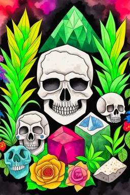 Gemstones, skull and house plants graphic