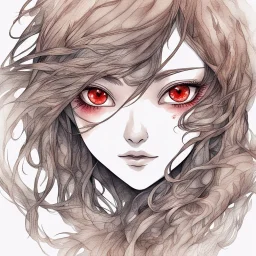 close-up headshot, woman with long brown hair, red eyes, red patches of detailed scales on face, pointed ears, beautiful monster, intricately detailed, colored sketchy manga style, splotchy watercolor background