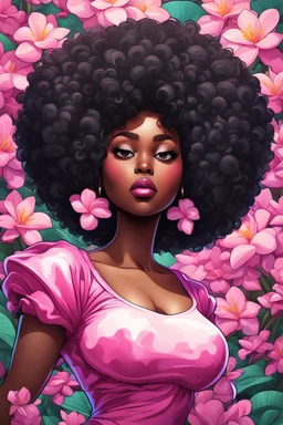 create a psychedelic digital enhance cartoon art style image with exaggerated features, 2k. cartoon image of a curvy size black female looking off to the side with a large thick tightly curly asymmetrical afro. Very beautiful. With pink and white plumeria flowers