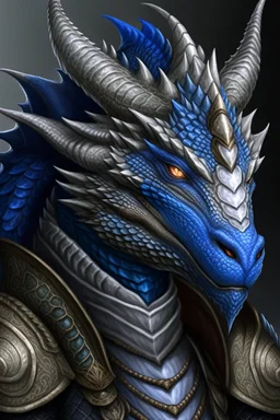 Portrait of a dragonid, malevolent look, blue eyes, salt and pepper hair, wearing and heavy armor