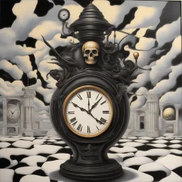 Black-Scholes time amortization model asymmetry, clock, neo surrealism, by Wes Benscoter, liquid matte oil paint