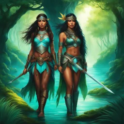 In the realm of Eldoria, two indigenous girls stand tall, Clad in armor and adorned with tribal tales that call. With bows in hand, they gaze towards a mystical oasis, Where aqua waters meet luminous green in a magical stasis. Their bodies bear tattoos of valor and ancient lore, As they guard a forgotten prophecy, their spirits soar. Under the enchanted tree's shade, they sit in contemplation, In a world of heroes and villains, a realm of imagination. Their presence is a beacon of strength and r