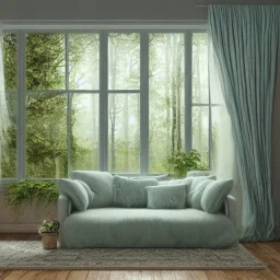 a gorgeous, stunning room facing a huge window with mystical forest view, multiple pastel pillows on rustic wood floor, candles, gauzy curtains, plants, tranquil, 8k resolution, high-quality, fine-detail, digital art, detailed matte, volumetric lighting, illustration, 3D octane render, brian froud, howard lyon, selina french, annie stokes, lisa parker, greg rutowski,