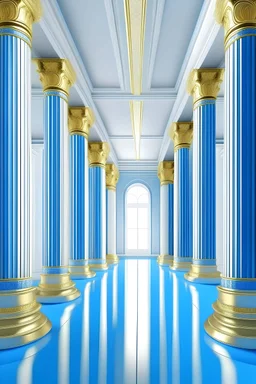 create an image of a columned hall in the Greek style. The bright hall seems to float in the air. Shades of heavenly blue and white, the columns are decorated with gold carvings.