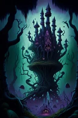 A frightening mushroom forest dungeon with a twisted bramble evil castle in the background