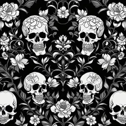 tracery of flowers, bones and skulls, black and white, Maximum minimalism