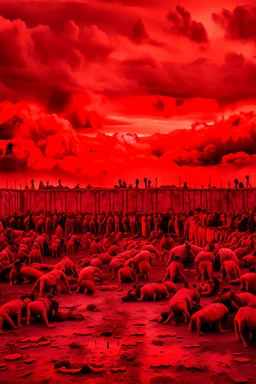 Prisoners line up in hell , red clouds in the sky with huge amount of dead children laying on the ground