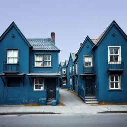 Fotografia di strada assurda e falsa orripilante blu weirdcore dai colori vivaci. Noe. Non luogo falso, inusuale. Max Ernst. Le case sono false e dipinte di nero chiaro con cose stilizzate e dettagli. Ci sono finestrelle false quadrate, che danno un senso distopico e molto surreale, disposte in modo casuale. L'atmosfera generale sembra noiosa e onirica, con un contrasto tra elementi reali ed elementi dipinti falsi, René Magritte