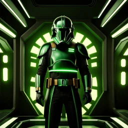 star wars bald male corellian pilot wearing black and bright gasoline green First Order special forces TIE pilot armored flightsuit and helmet with gold trim inside the jedi temple, centered head and shoulders portrait, hyperdetailed, dynamic lighting, hyperdetailed background, 8k resolution, volumetric lighting, light skin, fully symmetric details