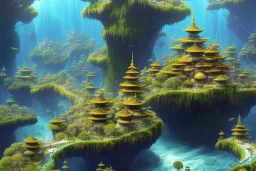 high quality matte painting of a stormy ocean and little lush organic islands, ecosystem, highly reflective water, japanese bunka period architecture, book of later han, randomly placed tiny buildings, intricate, detailed, waves, spume, small minutiae, spindrift, tiny features, ripples, particulars, sharp lines, digital art, sharp focus, volumetric clouds, perspective ground level camera view, 8k, realistic shaded volumetric lighting, ambient occlusion, sunlight caustics, uhd, art by sam curry