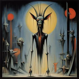 "Skinny Puppy" album cover, spirit Ogre wane goat tell seven key, by Wilfredo Lam, by Gerald Scarfe, weird-core landscape, social critique, sharp strong lines, ominous colors, scary hues, macabre illusions peaking from a dark industrial background, volumetric lighting