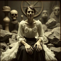 photo, 1920 horror movieshot, sitting, eaging, rocks, very odd objects in background, Ades, persone con sorriso falso e occhi, Charon, tenebroso, macabro, marcio, interno museo, fiotti di liquido nero che zampillano, hypermaximalist, strangeness, sundial light, odd, intricate, Lawrence Alma-Tadema style, albero, hypnotic, very accentuated details of the dress and skin, eerily mysterious, artistic photo, shot on Hasselblad, sadness, follia, smoke, daguerrotype