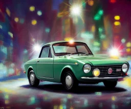 fiat 125p, city. high speed. bokeh. lens flare. warm lights. high detailed. oil on canvas