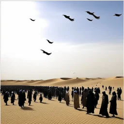 الحج, people in the desert above thim a black crows hovering