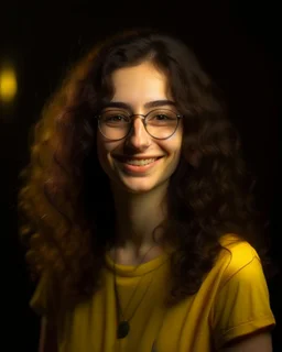 Jeune femme au sourire éclatant, longue et élancée, cheveux noirs, longs, bouclés et volumineux, porte de grandes lunettes rondes à la monture transparente. Nez fin et petit. Elle porte un t-shirt de couleur jaune moutarde avec une chemise florale transparente. Rembrandt style lighting, 8k, portrait, HD.