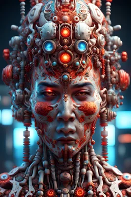 3D rendering of Expressively detailed and intricate of a hyper realistic “cyborg Indonesia culture”: front view,colorful paint, tribalism, shamanism, cosmic fractals, dystopian, octane render, volumetric lighting, 8k post-production, red and white, detailled metalic bones, dendritic, artstation: award-winning: professional portrait: atmospheric: commanding: fantastical: clarity: 16k: ultra quality: striking: brilliance: stunning colors: amazing, by addie digi.