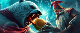 awake within a dream, epic movie poster, polar bear vampire super hero eating thunder swirling melon with thumbs up grabbed by throat vs gnome goblin rock priest zombie war lord, fish eye lense