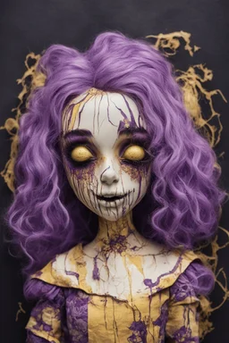 full color, illustration of a darkpurple and gold tones, menacing, Singer Melanie Martinez face, as a decayed, broken, crude homemade cloth doll toy, with a narrow cracked porcelain face, thick dark eyebrows, hair in two gradually, made from ragged strips of cloth, in the style of Alex Pardee, Tim Burton, and Nadya Sheremet