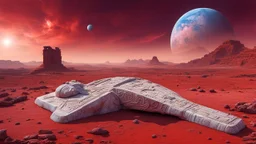 a giant ancient abstract marble statue lies down on the red Mars planet, background ancient ruins, strange psychedelic sky, cold colors, mystic ancient art, very detailed, cinematic, sharp focus, sci-fi style, utopistic ,astral cosmic , masterpiece