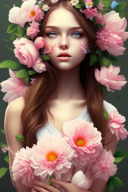 Girl covered by flowers, cute, beautiful