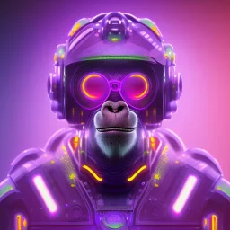 A beautiful portrait of a cyborg monkey purple neon color scheme, high key lighting, volumetric light high details psychedelic background