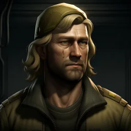 The submarine mechanic Blicke Blocknyckel, a blonde man with a mullet and muttonchops beard realistic grimdark