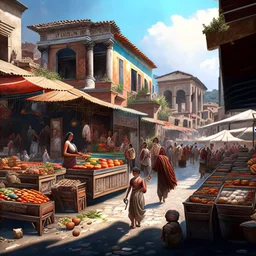 Market in Pompeii houses streets men women children in the streets before destruction digital art hyper-detailed realistic summer weather 8k movies