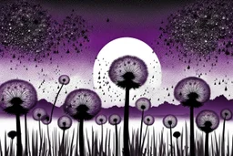 dark purple Sunset with big black Dandelions, , high textures, surreal, weird, white-black colors, silver rain, sharp focus, splash art, intricately detailed, mystic, dark stunning mood