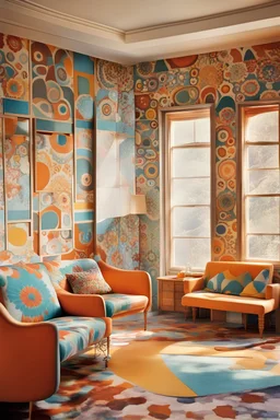 A vintage room embodying the essence of the 1970s, complete with (((retro furniture))), colorful patterns, and (sunny afternoon light streaming through open windows)