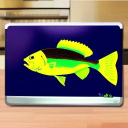 game icon, tilapia fish over kitchen cutting board, realistic 3d