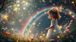 Une douce petite enfant erre dans son monde enchanté, Parmi les merveilles, elle adore explorer. Nuit enchantée, fleurs magiques, arcs-en-ciel de lumière, lucioles dansantes, fées lumineuses. Ses rêves sont vastes, pleins de beauté, Chaque instant est un nouveau bonheur. Dans son univers, tout est merveilleux, Un monde imaginaire, tendre et lumineux. Bel éclairage, composition attrayante, photoréaliste, extrêmement détaillée, clair-obscur, règle des tiers.